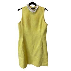 Vintage Yellow 60s Linen‎ Shift Dress Pearl Beaded Collar Cocktail Party Dress